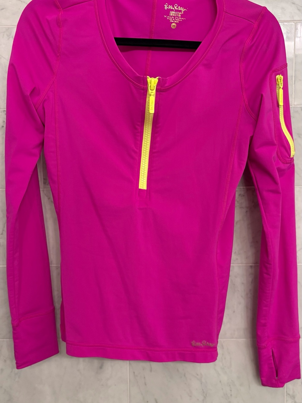 Lilly Pulitzer Hot Pink Long-Sleeve Active Zip Top with Neon Yellow Zipper - Picture 2 of 9